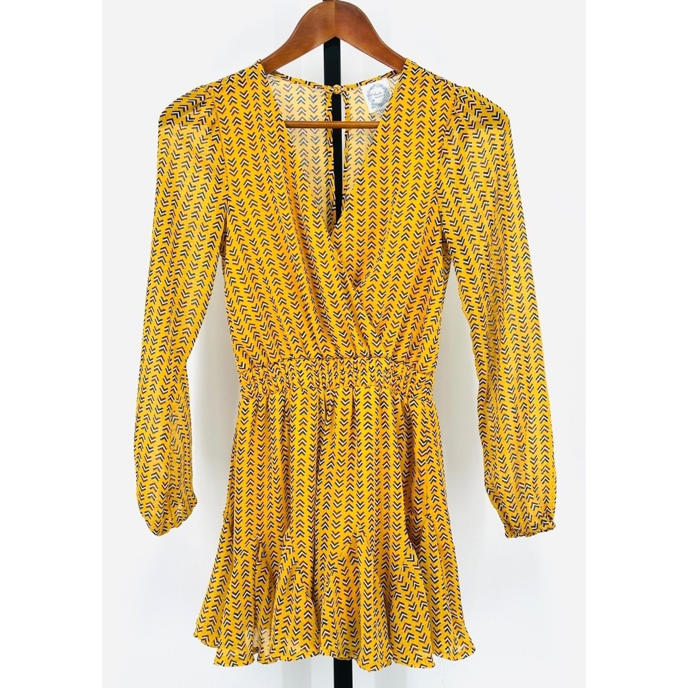 BLUE RAIN Chiffon Romper Golden Yellow V-Neck Arrow Print‎ One-Piece Women's XXS